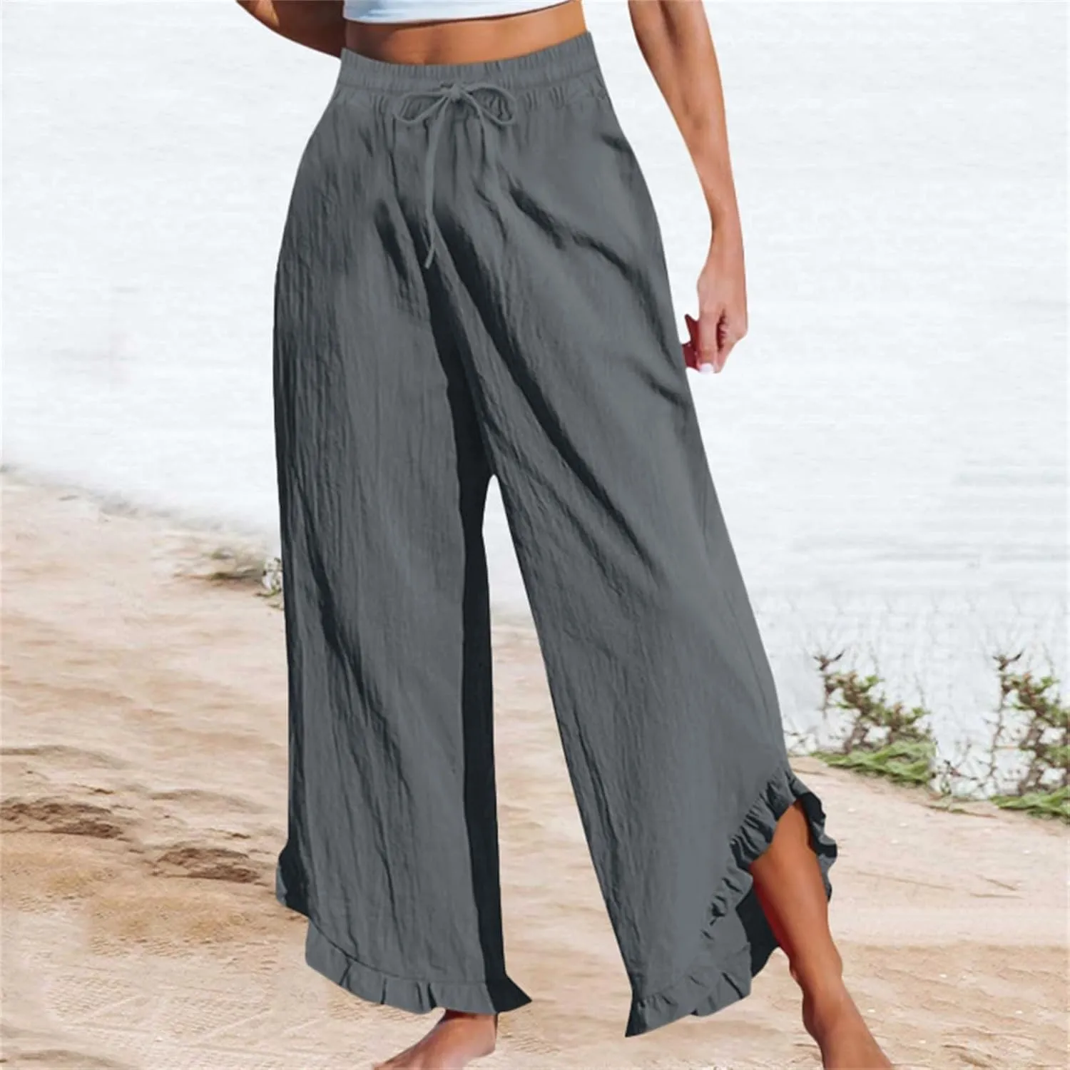 Lightweight Linen Casual Pants for Women Oversized Stretch Drawstring Ruffle Hem Trouser Beach Boho Casual Sweatpants