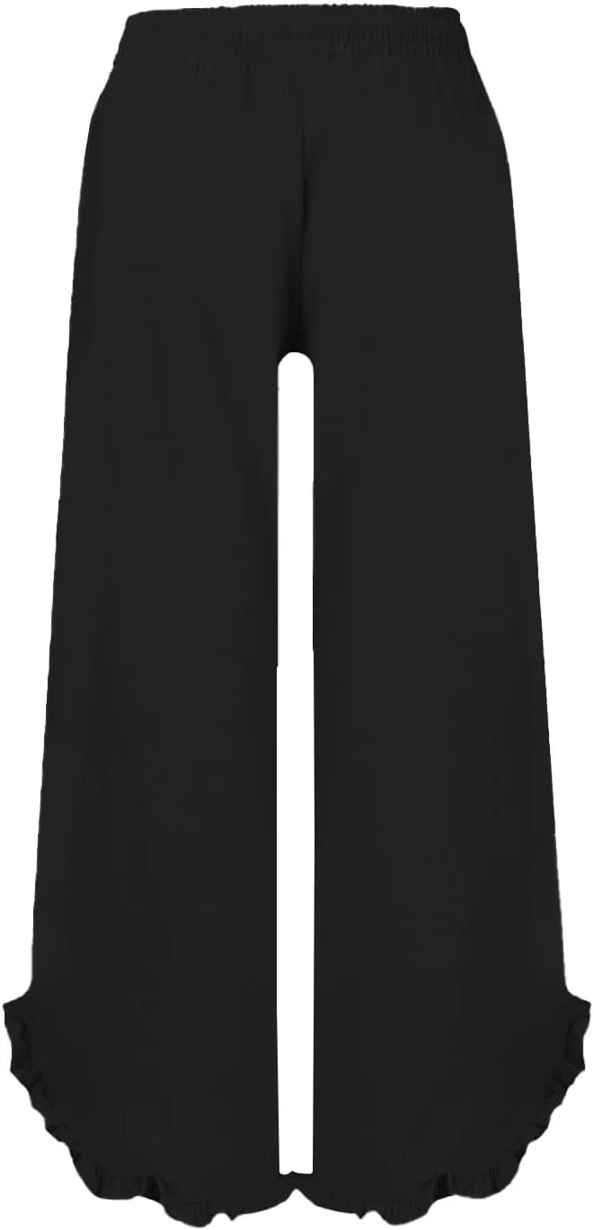 Lightweight Linen Casual Pants for Women Oversized Stretch Drawstring Ruffle Hem Trouser Beach Boho Casual Sweatpants