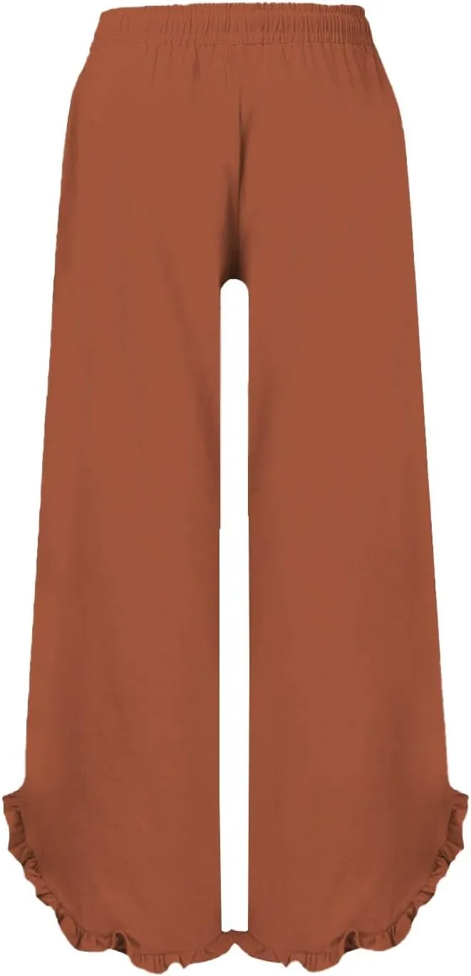 Lightweight Linen Casual Pants for Women Oversized Stretch Drawstring Ruffle Hem Trouser Beach Boho Casual Sweatpants