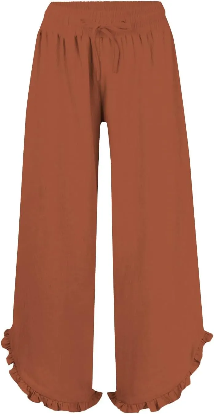 Lightweight Linen Casual Pants for Women Oversized Stretch Drawstring Ruffle Hem Trouser Beach Boho Casual Sweatpants