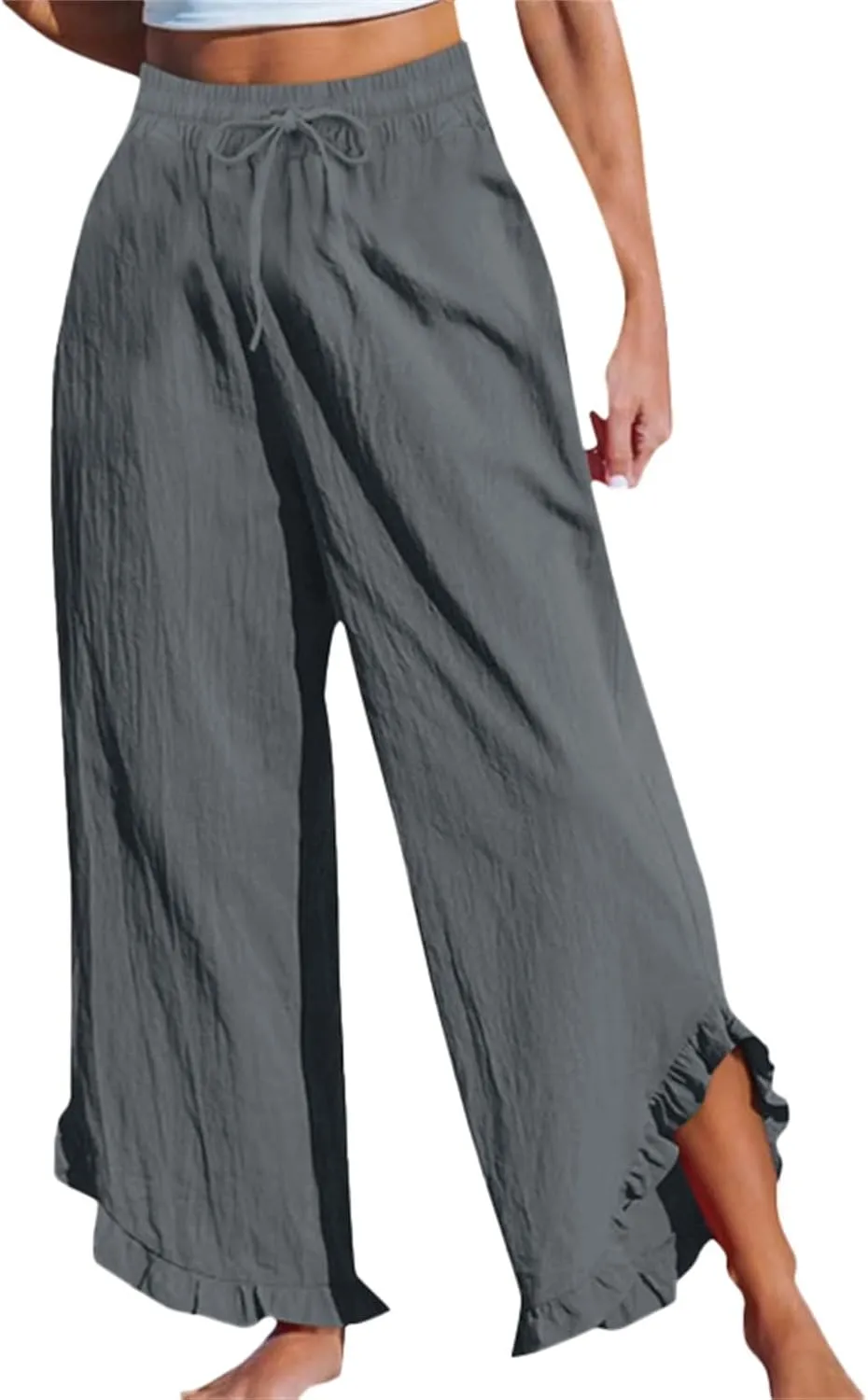 Lightweight Linen Casual Pants for Women Oversized Stretch Drawstring Ruffle Hem Trouser Beach Boho Casual Sweatpants