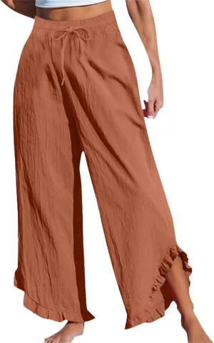 Lightweight Linen Casual Pants for Women Oversized Stretch Drawstring Ruffle Hem Trouser Beach Boho Casual Sweatpants