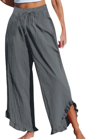 Lightweight Linen Casual Pants for Women Oversized Stretch Drawstring Ruffle Hem Trouser Beach Boho Casual Sweatpants