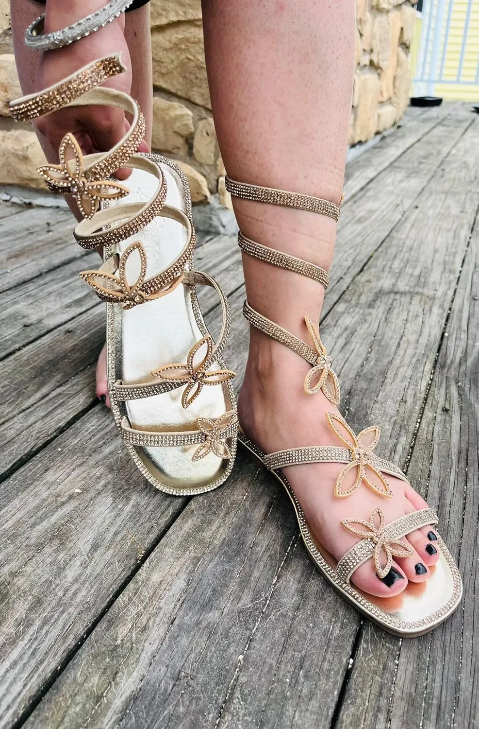 Liliana Women Butterfly Rhinestone Wrap-around Flat Sandals Flat Butterfly Sandals, 6 Narrow