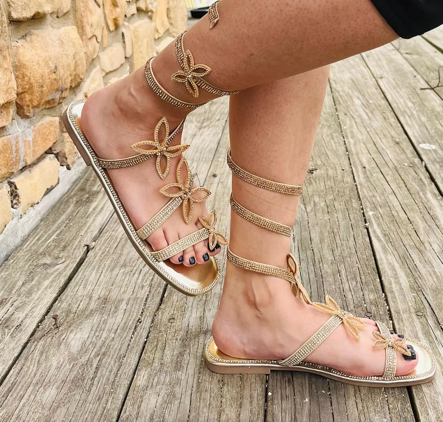Liliana Women Butterfly Rhinestone Wrap-around Flat Sandals Flat Butterfly Sandals, 6 Narrow