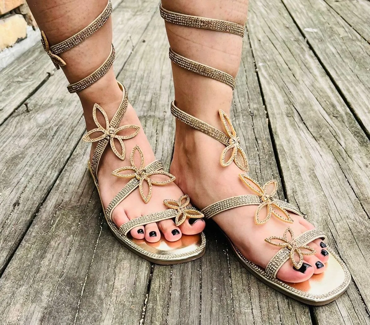 Liliana Women Butterfly Rhinestone Wrap-around Flat Sandals Flat Butterfly Sandals, 6 Narrow