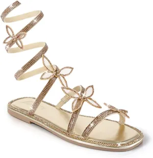 Liliana Women Butterfly Rhinestone Wrap-around Flat Sandals Flat Butterfly Sandals, 6 Narrow