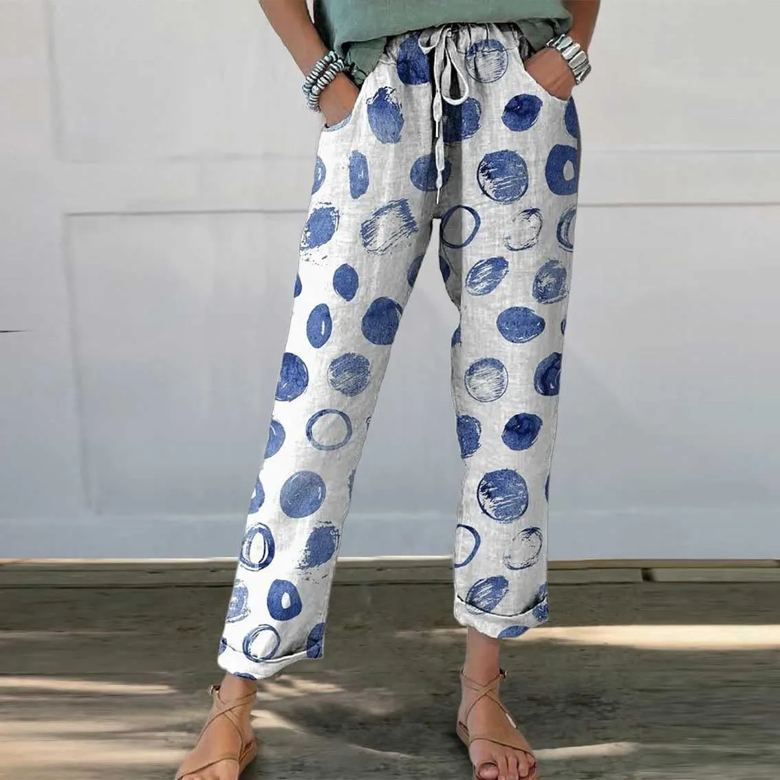Linen Clothes for Women Beachwear for Women Autumn Linen Print Casual Pants Features: High Linen Pants for Women