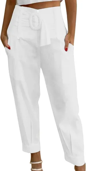 Linen Pants for Women Plus Size Linen Pants Ankle Cropped Trouser with Pockets Linen Pull On Pants for Women