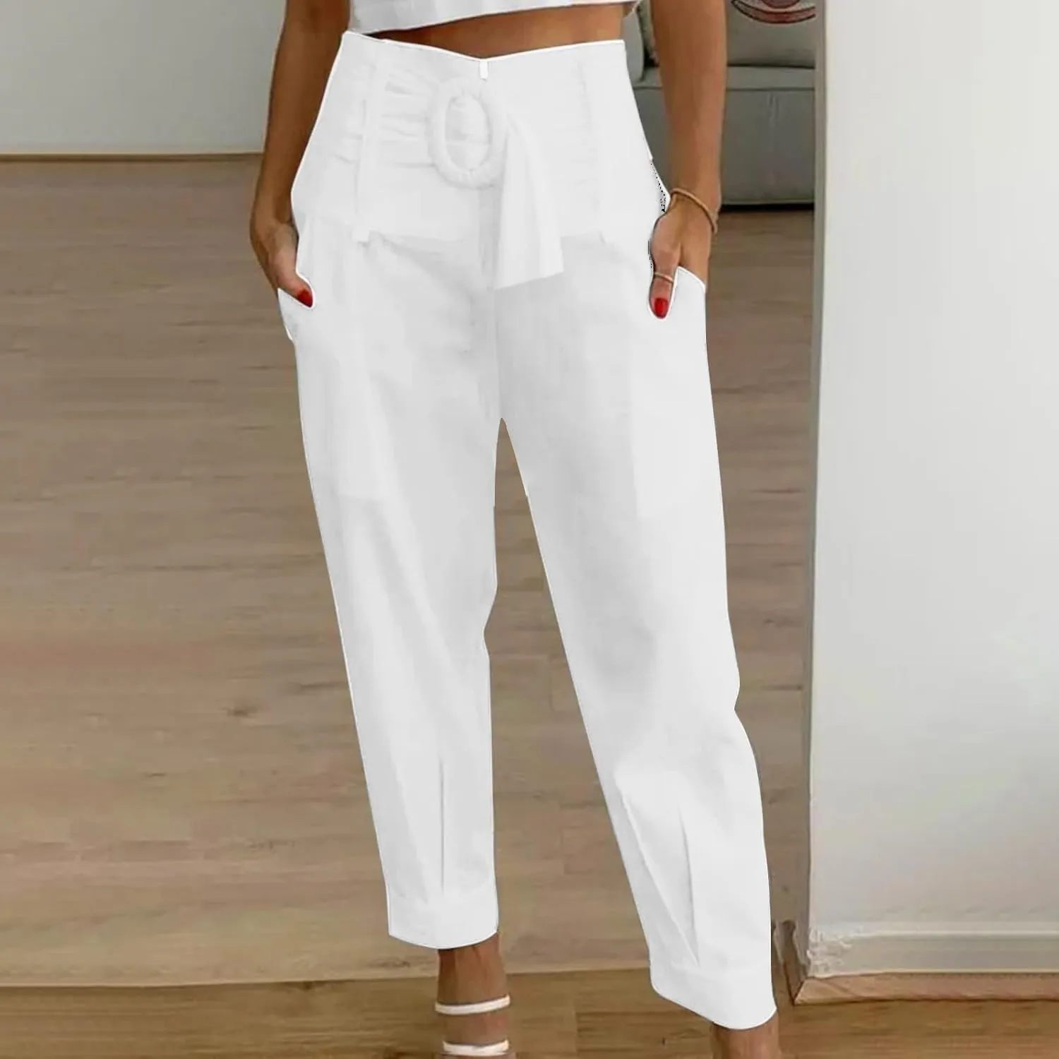 Linen Pants for Women Plus Size Linen Pants Ankle Cropped Trouser with Pockets Linen Pull On Pants for Women
