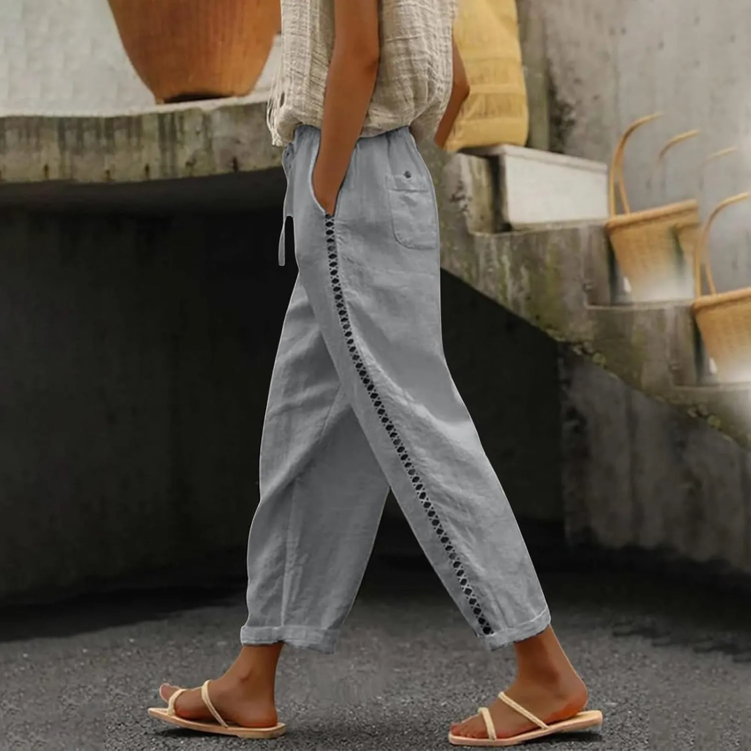 Linen Pants for Women Summer Linen Pant Loose Straight Leg Capri Pants Beach Pants with Tailored Linen Pants for Women