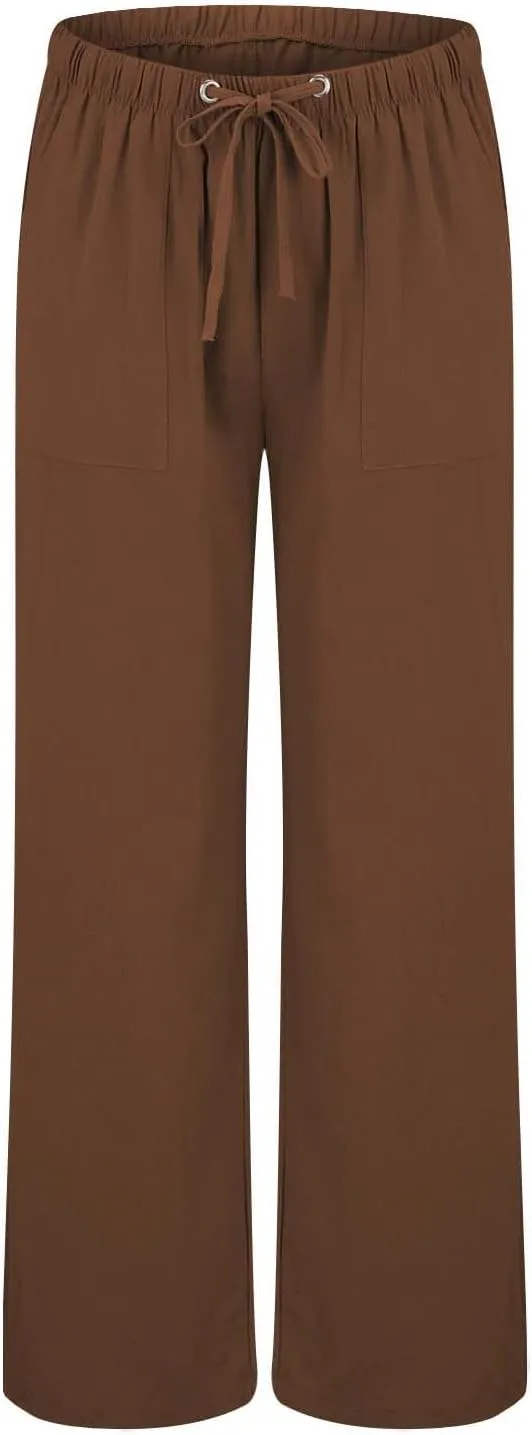 Linen Summer Pants Women Casual Elastic High Waisted Wide Leg Loose Comfy Trousers with Pockets Linen Clothing