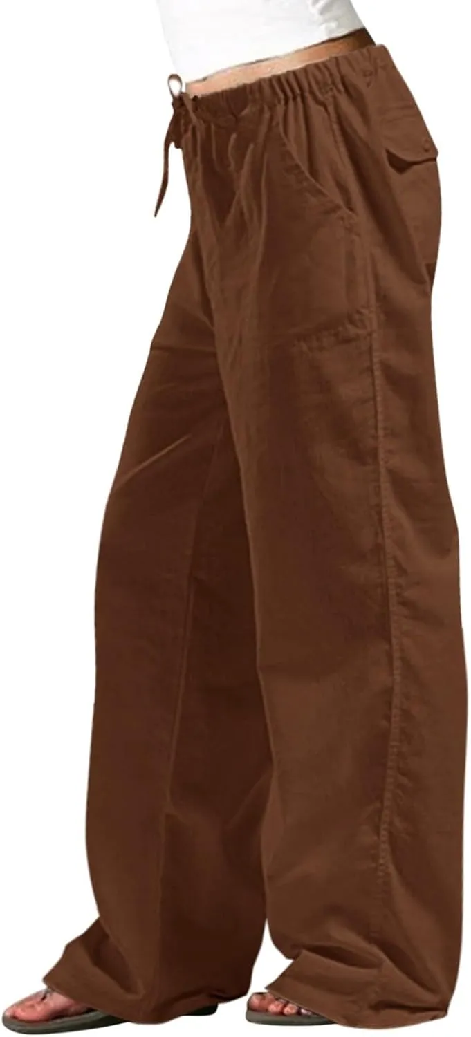 Linen Summer Pants Women Casual Elastic High Waisted Wide Leg Loose Comfy Trousers with Pockets Linen Clothing