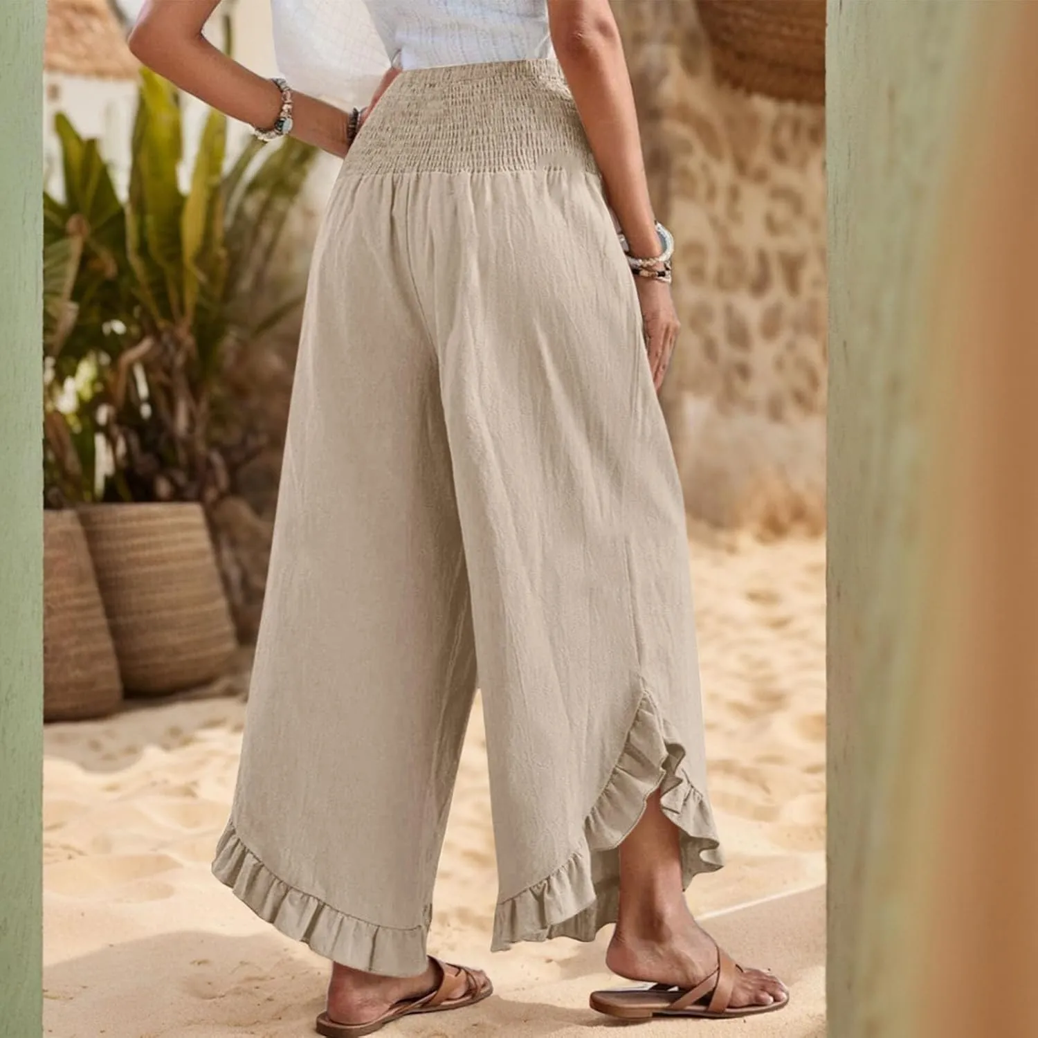 Linen Wide Leg Pants for Women Stretch Smocked High Waisted Ruffle Hem Palazzo Pants Summer Casual Loose Beach Pants