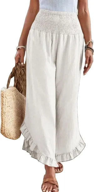 Linen Wide Leg Pants for Women Stretch Smocked High Waisted Ruffle Hem Palazzo Pants Summer Casual Loose Beach Pants