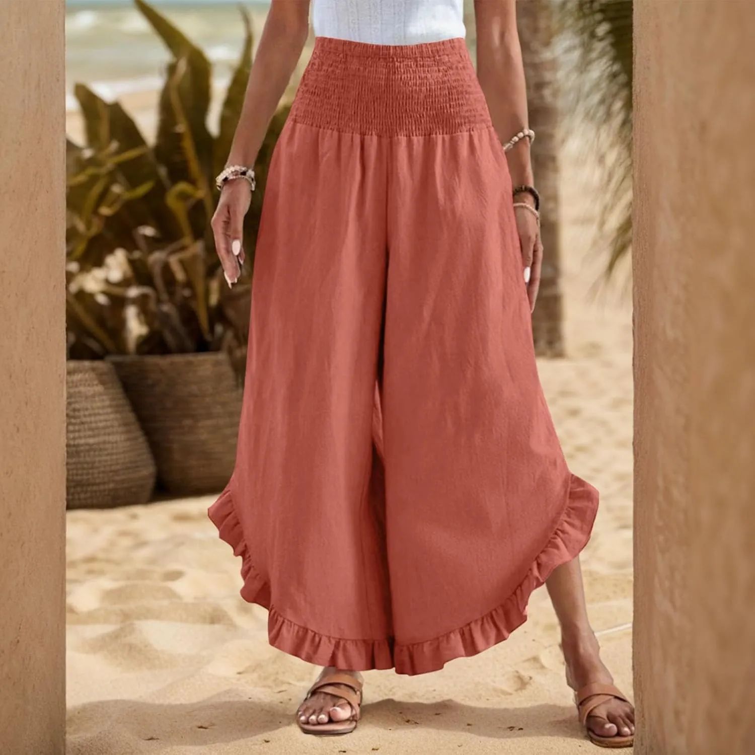 Linen Wide Leg Pants for Women Stretch Smocked High Waisted Ruffle Hem Palazzo Pants Summer Casual Loose Beach Pants
