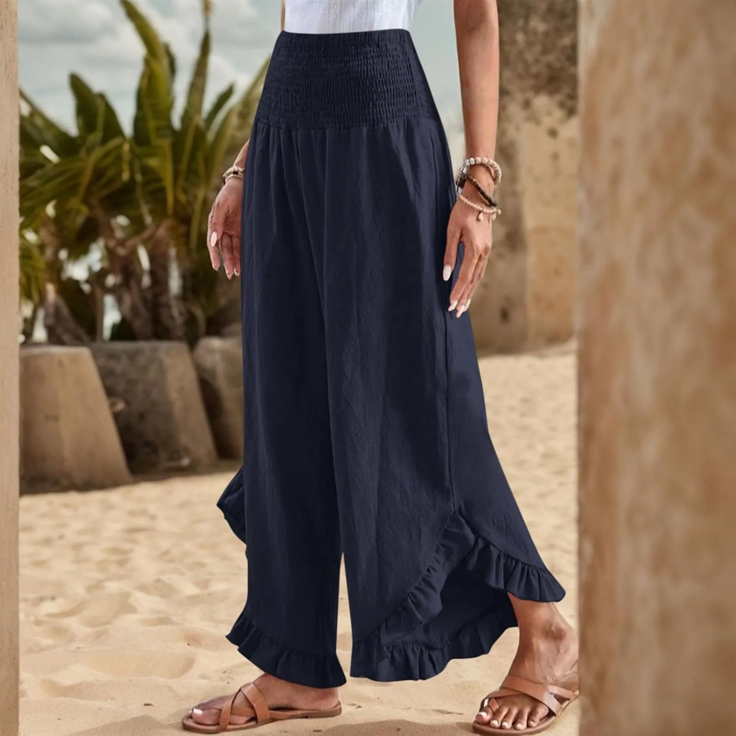 Linen Wide Leg Pants for Women Stretch Smocked High Waisted Ruffle Hem Palazzo Pants Summer Casual Loose Beach Pants