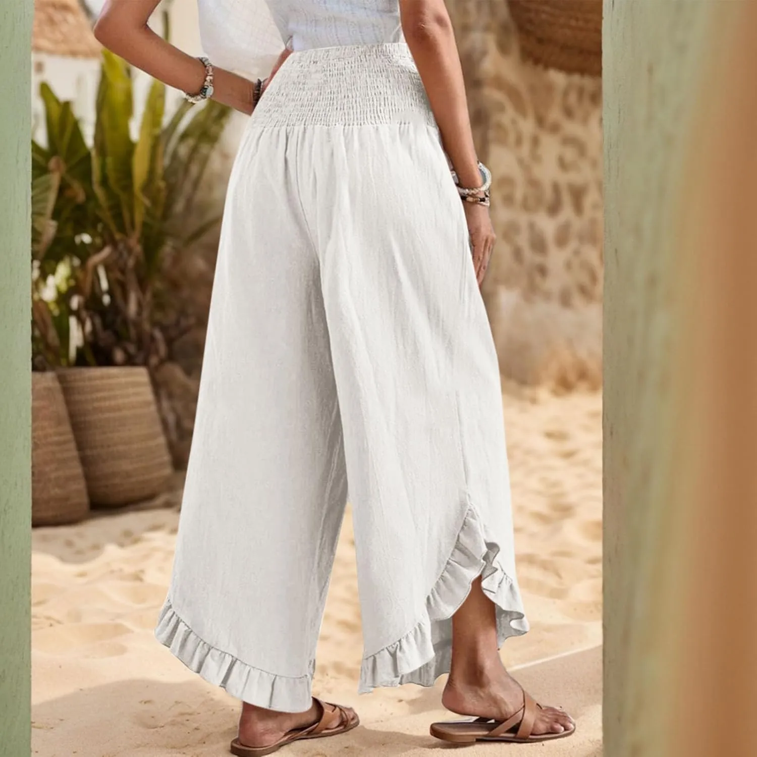 Linen Wide Leg Pants for Women Stretch Smocked High Waisted Ruffle Hem Palazzo Pants Summer Casual Loose Beach Pants