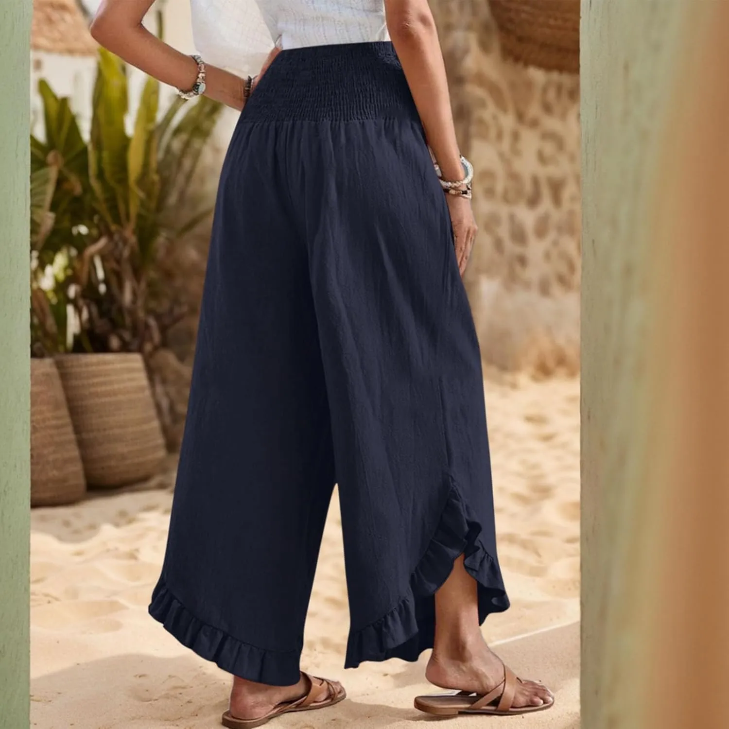 Linen Wide Leg Pants for Women Stretch Smocked High Waisted Ruffle Hem Palazzo Pants Summer Casual Loose Beach Pants