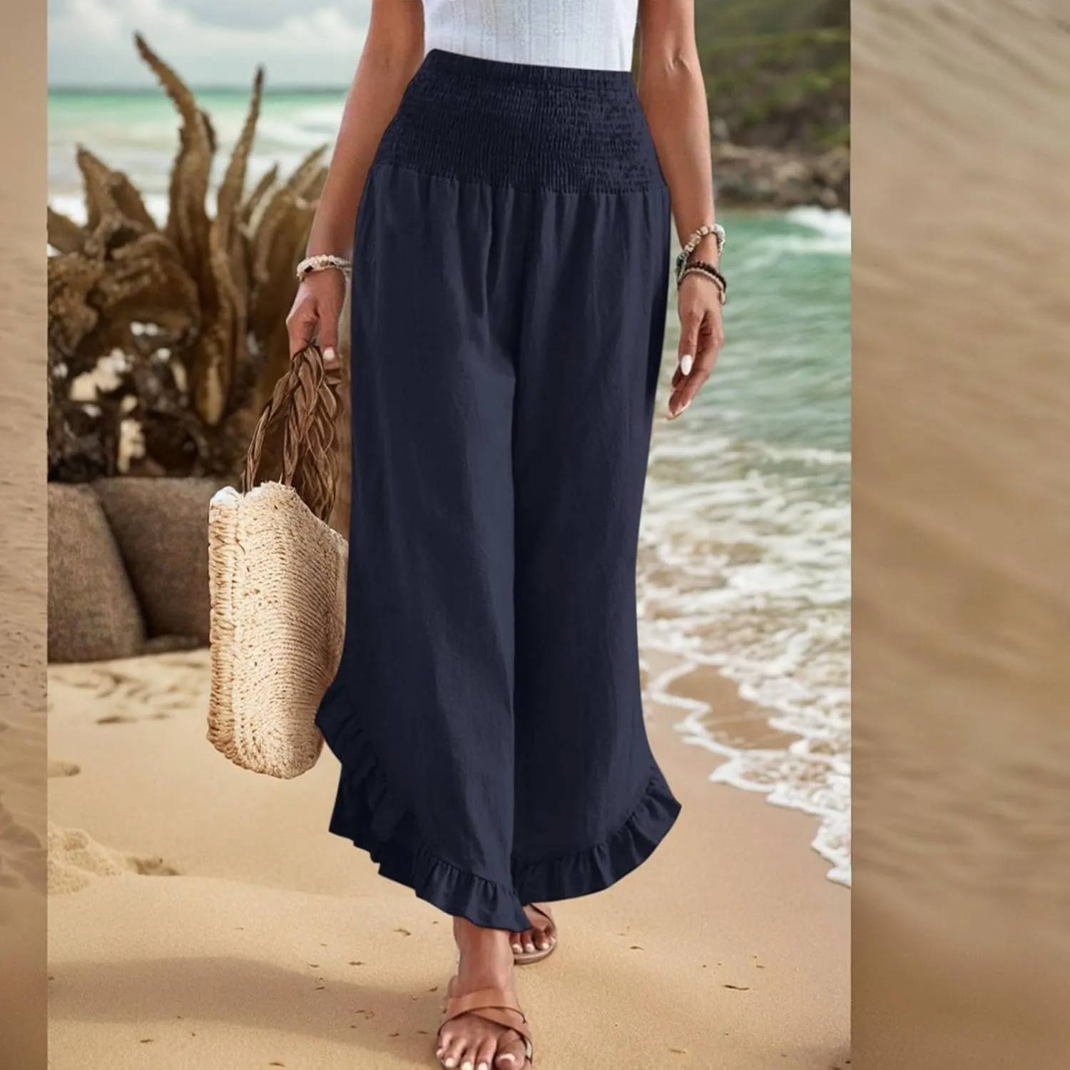Linen Wide Leg Pants for Women Stretch Smocked High Waisted Ruffle Hem Palazzo Pants Summer Casual Loose Beach Pants