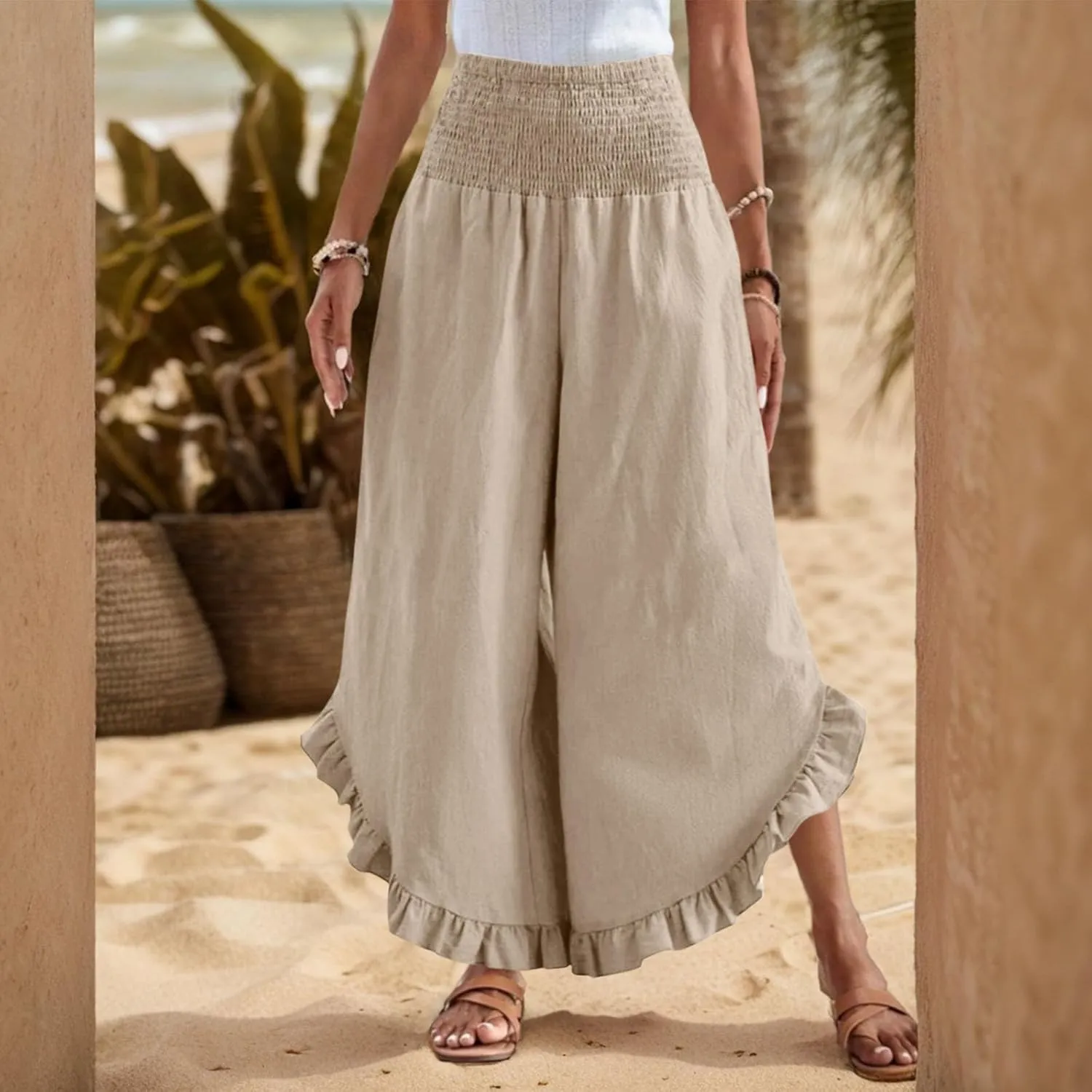 Linen Wide Leg Pants for Women Stretch Smocked High Waisted Ruffle Hem Palazzo Pants Summer Casual Loose Beach Pants
