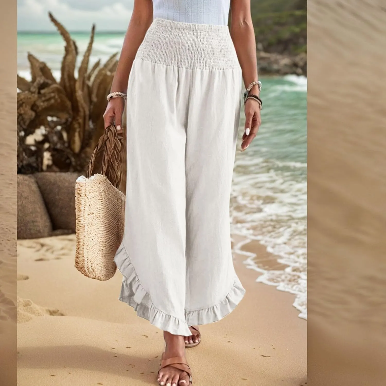 Linen Wide Leg Pants for Women Stretch Smocked High Waisted Ruffle Hem Palazzo Pants Summer Casual Loose Beach Pants