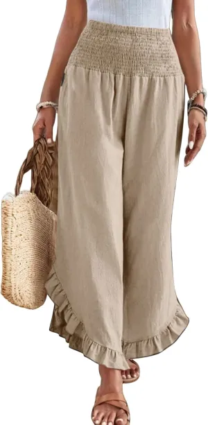 Linen Wide Leg Pants for Women Stretch Smocked High Waisted Ruffle Hem Palazzo Pants Summer Casual Loose Beach Pants