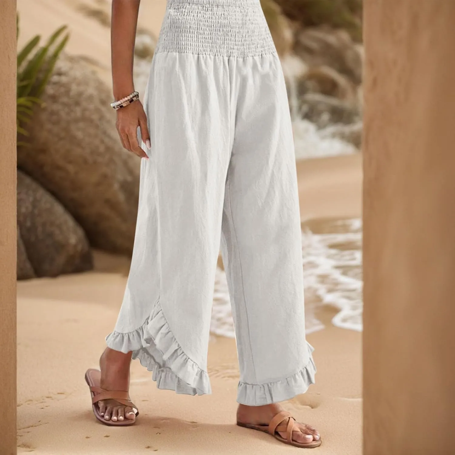 Linen Wide Leg Pants for Women Stretch Smocked High Waisted Ruffle Hem Palazzo Pants Summer Casual Loose Beach Pants