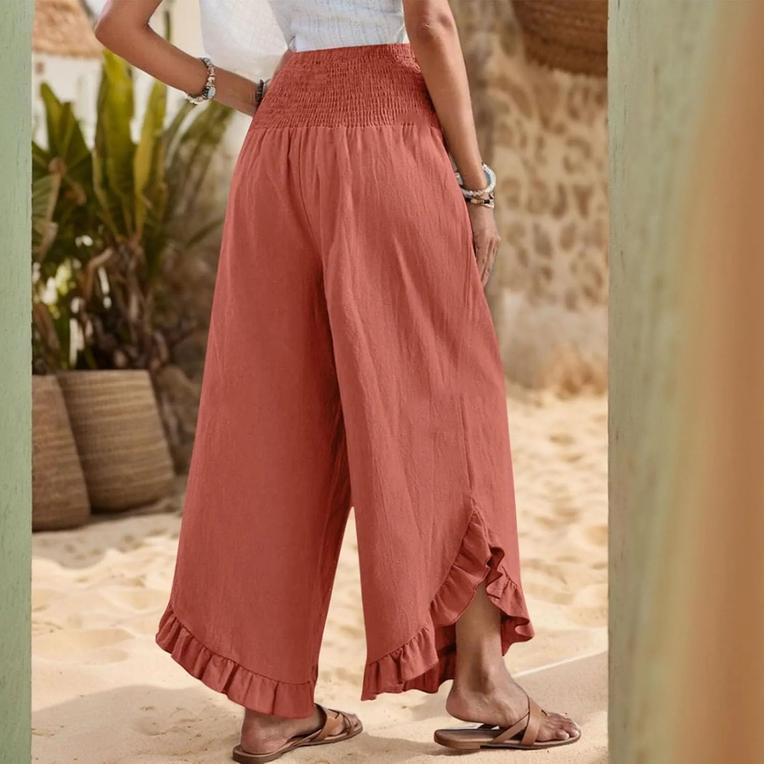 Linen Wide Leg Pants for Women Stretch Smocked High Waisted Ruffle Hem Palazzo Pants Summer Casual Loose Beach Pants