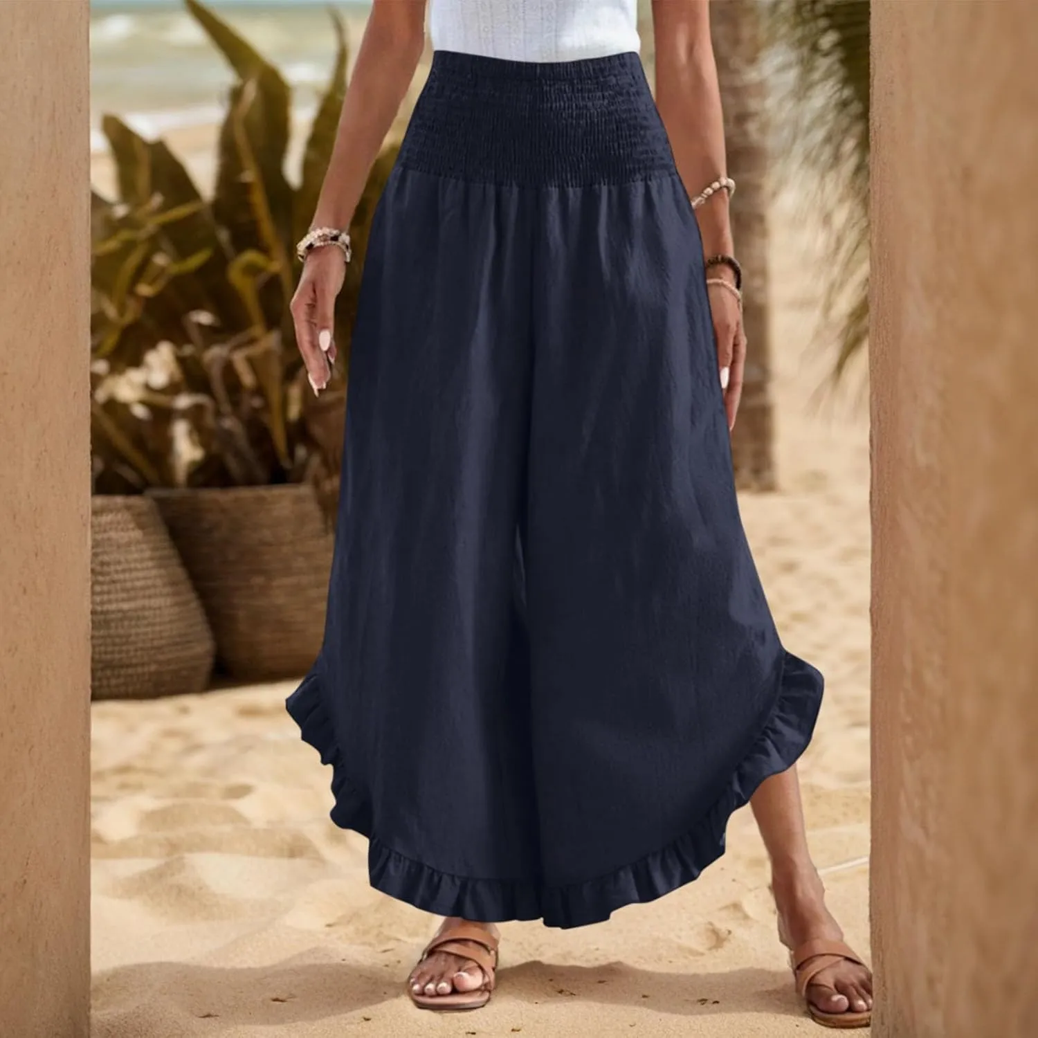Linen Wide Leg Pants for Women Stretch Smocked High Waisted Ruffle Hem Palazzo Pants Summer Casual Loose Beach Pants