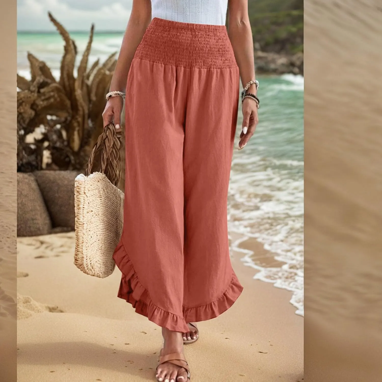 Linen Wide Leg Pants for Women Stretch Smocked High Waisted Ruffle Hem Palazzo Pants Summer Casual Loose Beach Pants
