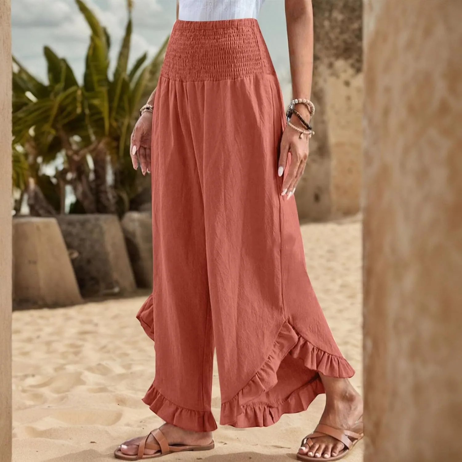 Linen Wide Leg Pants for Women Stretch Smocked High Waisted Ruffle Hem Palazzo Pants Summer Casual Loose Beach Pants