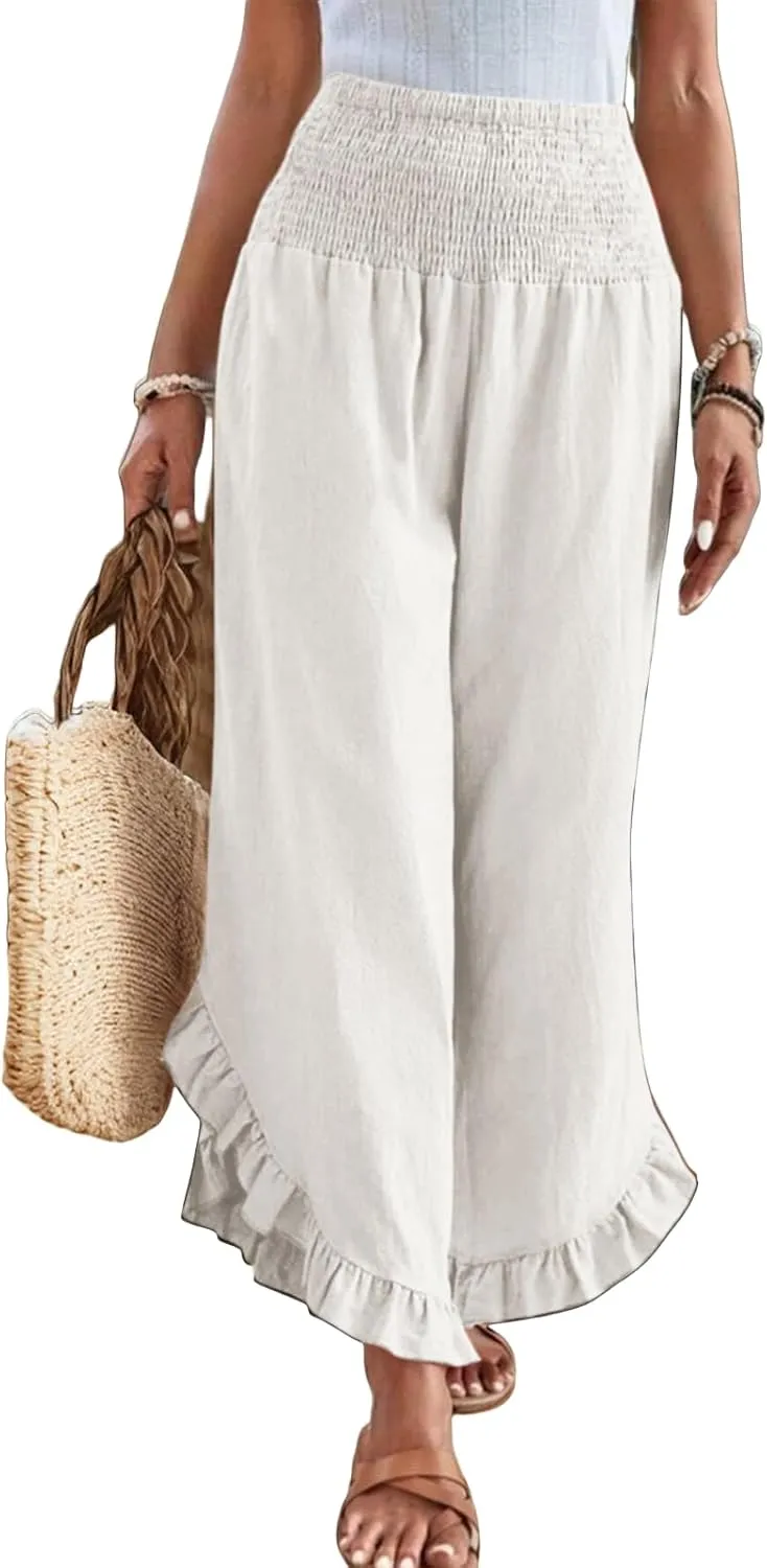Linen Wide Leg Pants for Women Stretch Smocked High Waisted Ruffle Hem Palazzo Pants Summer Casual Loose Beach Pants