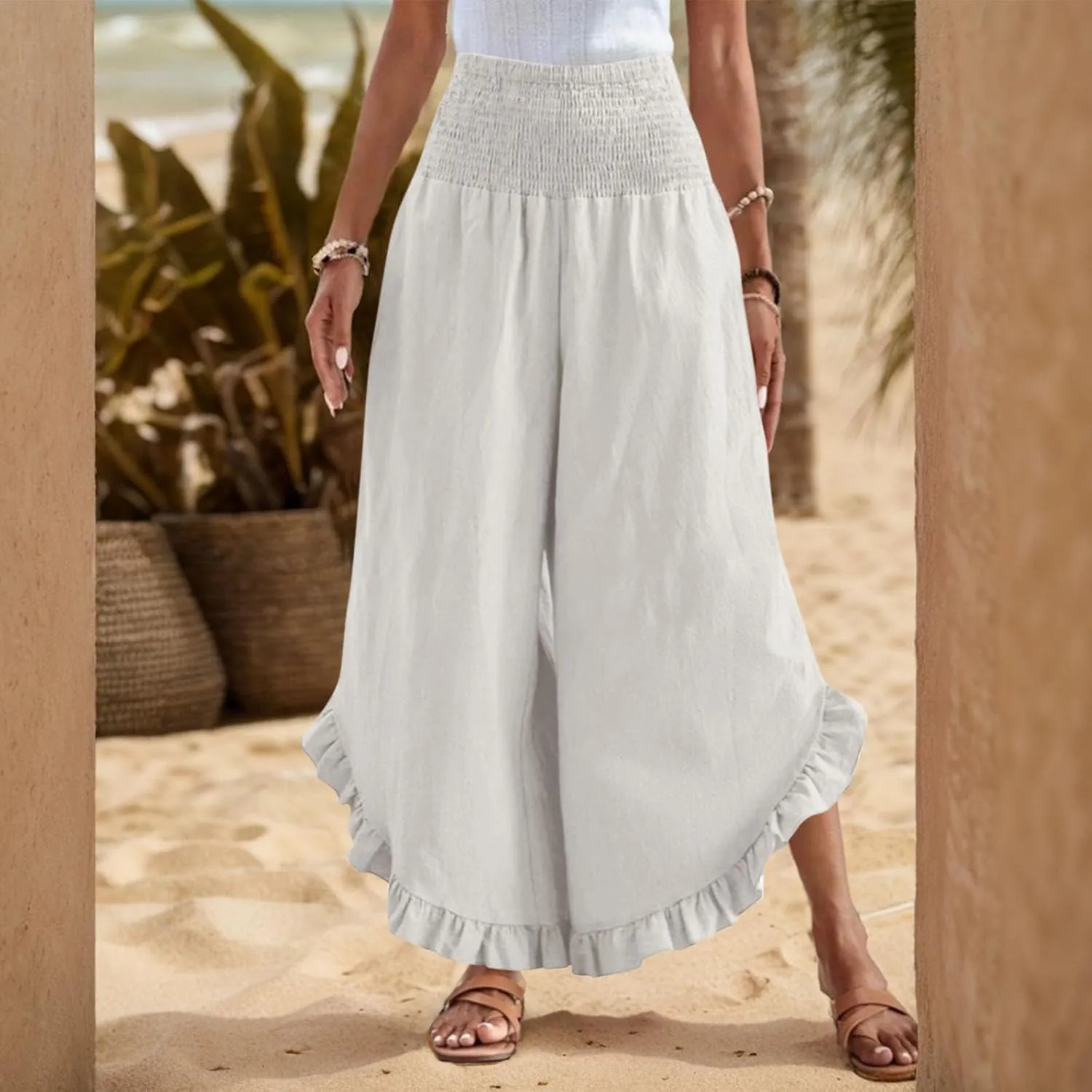 Linen Wide Leg Pants for Women Stretch Smocked High Waisted Ruffle Hem Palazzo Pants Summer Casual Loose Beach Pants