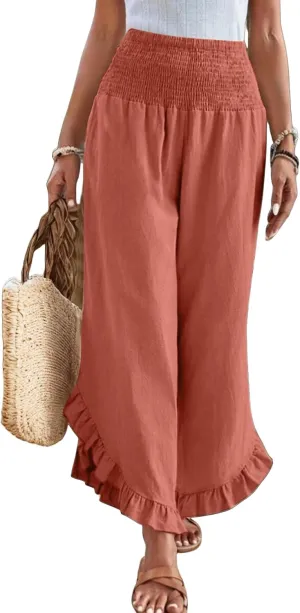 Linen Wide Leg Pants for Women Stretch Smocked High Waisted Ruffle Hem Palazzo Pants Summer Casual Loose Beach Pants