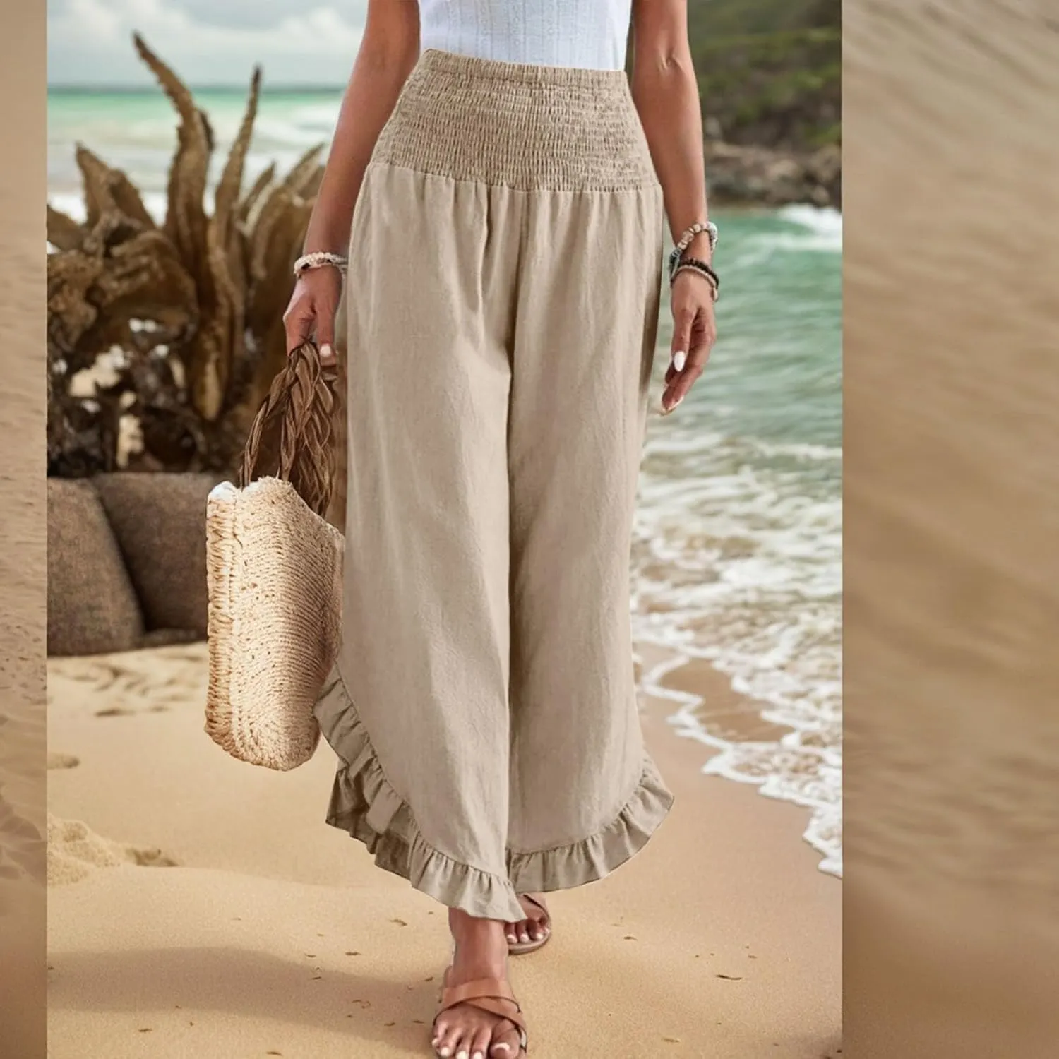 Linen Wide Leg Pants for Women Stretch Smocked High Waisted Ruffle Hem Palazzo Pants Summer Casual Loose Beach Pants