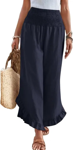 Linen Wide Leg Pants for Women Stretch Smocked High Waisted Ruffle Hem Palazzo Pants Summer Casual Loose Beach Pants