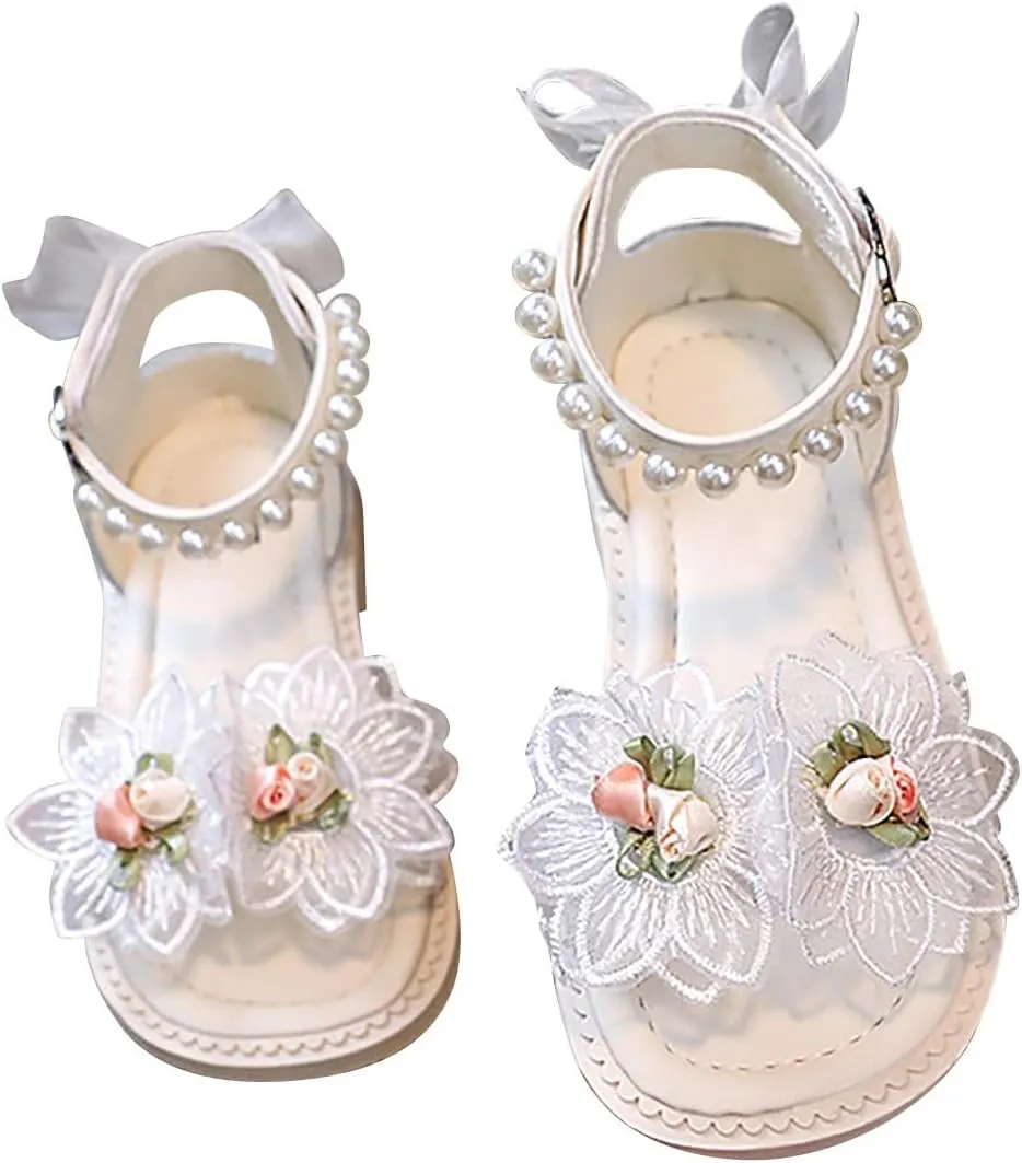 Little Girls Pearl Ankle Strap Sandals Open-Toe Princess Dress Shoes for Big Girls Floral Lace Leather Flat Sandals