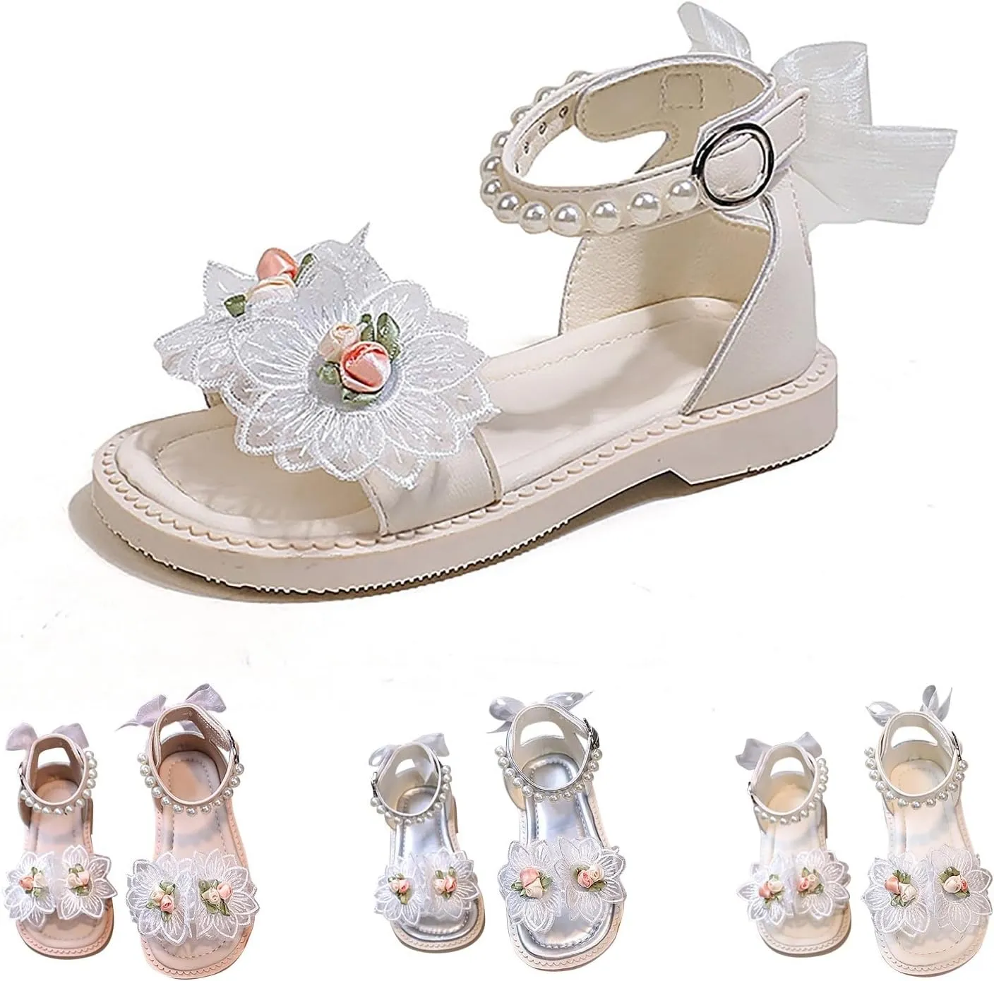 Little Girls Pearl Ankle Strap Sandals Open-Toe Princess Dress Shoes for Big Girls Floral Lace Leather Flat Sandals