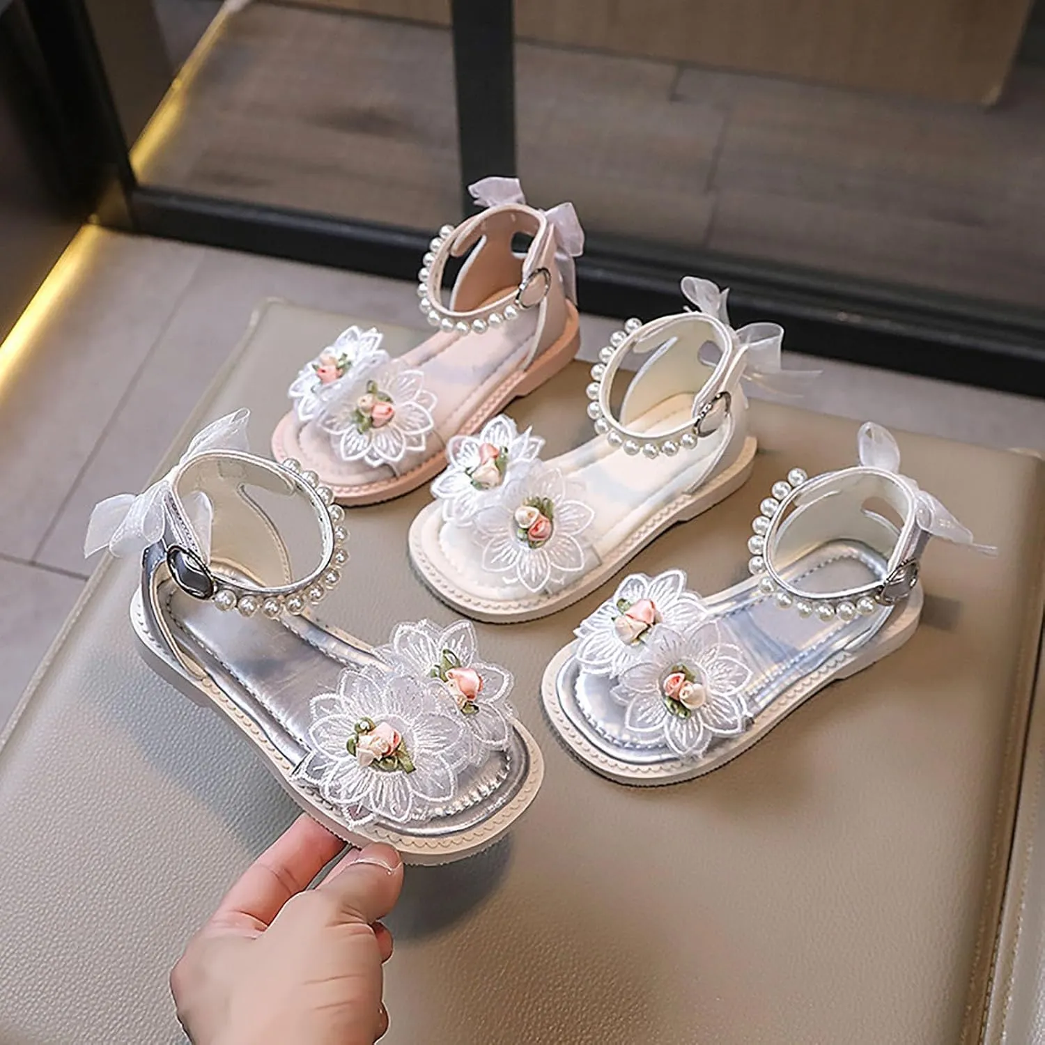 Little Girls Pearl Ankle Strap Sandals Open-Toe Princess Dress Shoes for Big Girls Floral Lace Leather Flat Sandals