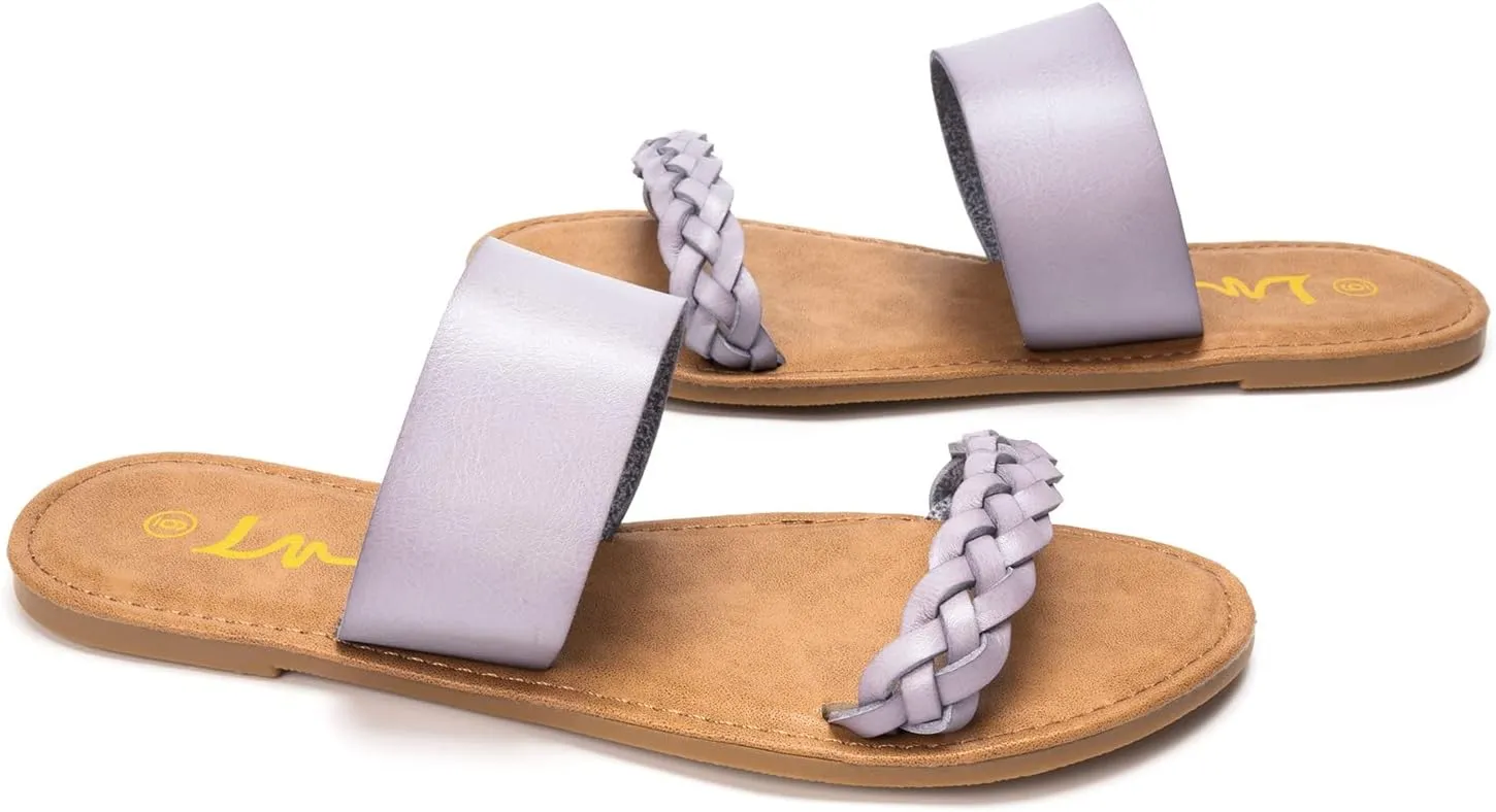 LM Women's Braided Slide Sandals Open Toe Two Band Slip On Flat Sandals Casual Summer Sandals