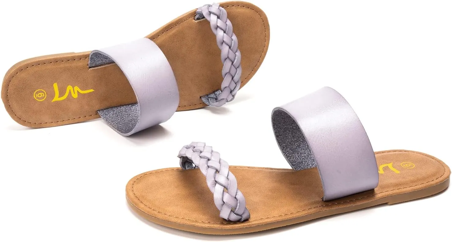 LM Women's Braided Slide Sandals Open Toe Two Band Slip On Flat Sandals Casual Summer Sandals