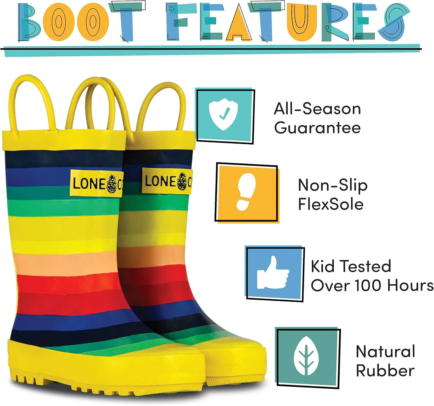Lone Cone Kids Rain Boots for Girls & Boys – Waterproof Natural Rubber Toddler Rain Boots with Non-Slip Outsole & Easy Pull Handles – Solid, Pattern & Glitter Designs