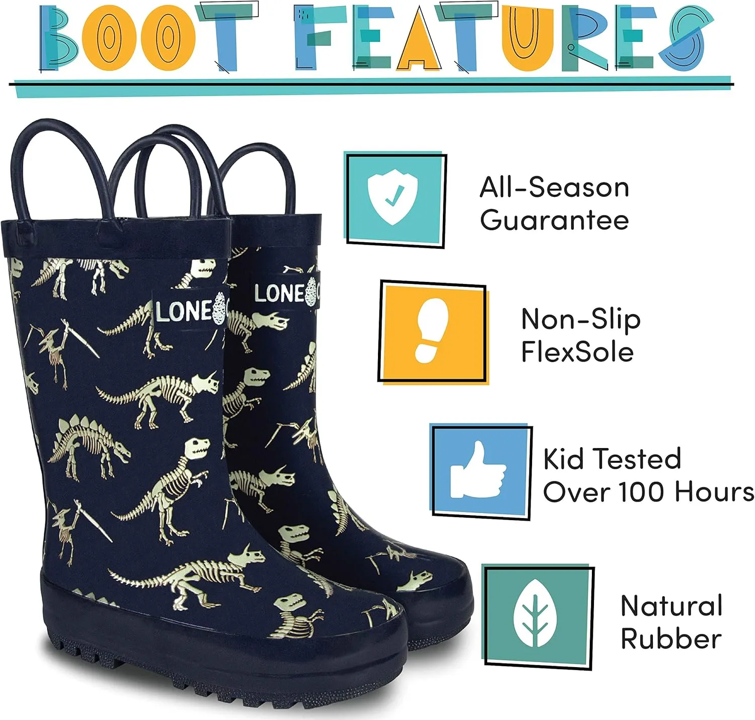 Lone Cone Kids Rain Boots for Girls & Boys – Waterproof Natural Rubber Toddler Rain Boots with Non-Slip Outsole & Easy Pull Handles – Solid, Pattern & Glitter Designs