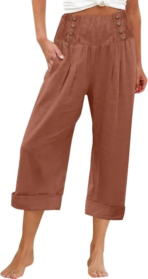 Long Linen Pants for Women Tall Solid Color Button Loose Casual Pants Tailored Linen Pants for Women
