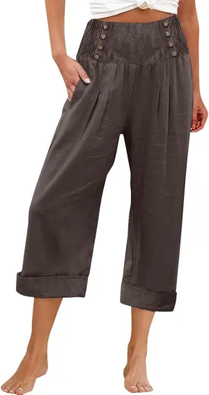 Long Linen Pants for Women Tall Solid Color Button Loose Casual Pants Tailored Linen Pants for Women