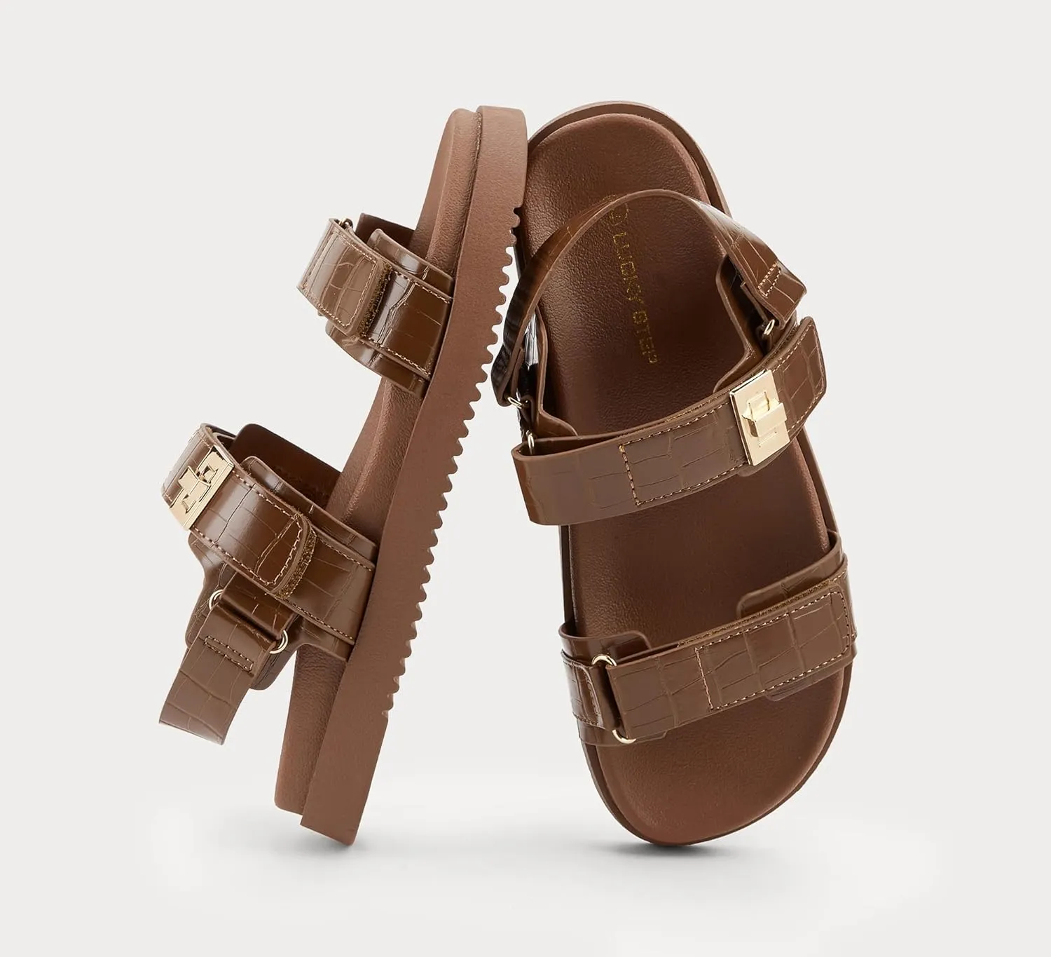 LUCKY STEP Women's Flat Sandals Casual Open Toe Beach Sandals Adjustable Double Strap Summer Sandals