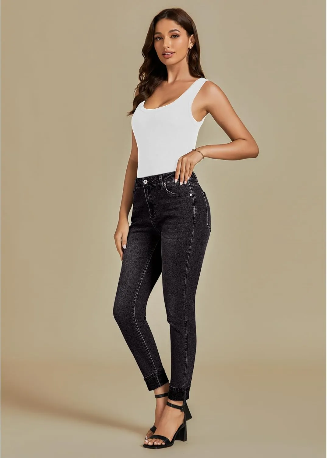 luvamia Skinny Jeans for Women Trendy High Waisted Fold Hem Slim Fit Stretchy Denim Pants Jeggings Jeans with Pockets