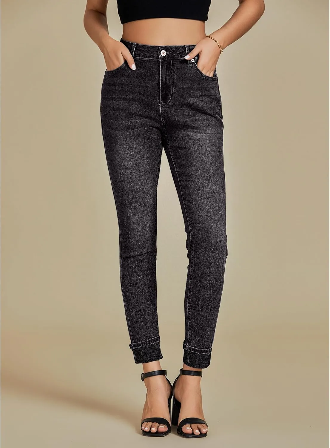 luvamia Skinny Jeans for Women Trendy High Waisted Fold Hem Slim Fit Stretchy Denim Pants Jeggings Jeans with Pockets