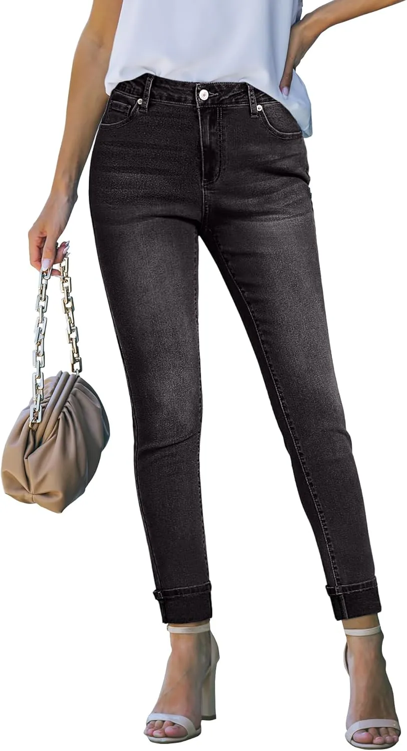 luvamia Skinny Jeans for Women Trendy High Waisted Fold Hem Slim Fit Stretchy Denim Pants Jeggings Jeans with Pockets